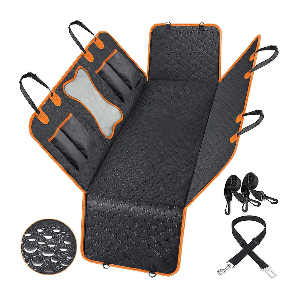 Black and orange waterproof pet car seat hammock cover made from 600D Oxford cloth on rear car seats