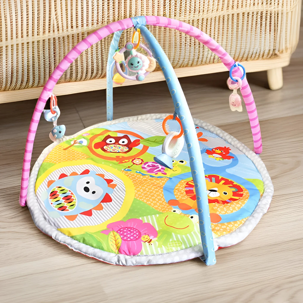 Velvet baby play mat with interactive toys in small animal or big animal design for crawling and games.