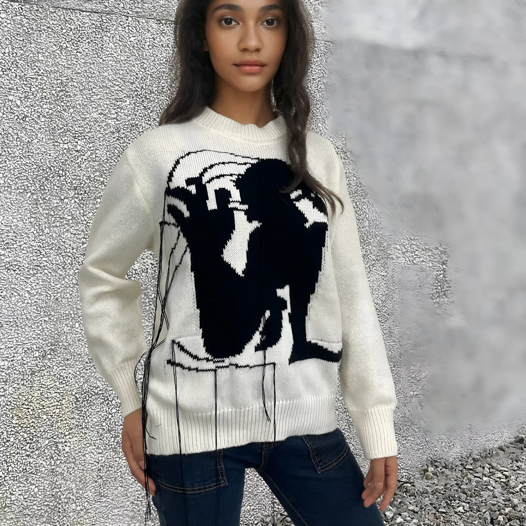 Women's grey alpaca wool sweater with abstract pattern and tassel design, loose fit street fashion style