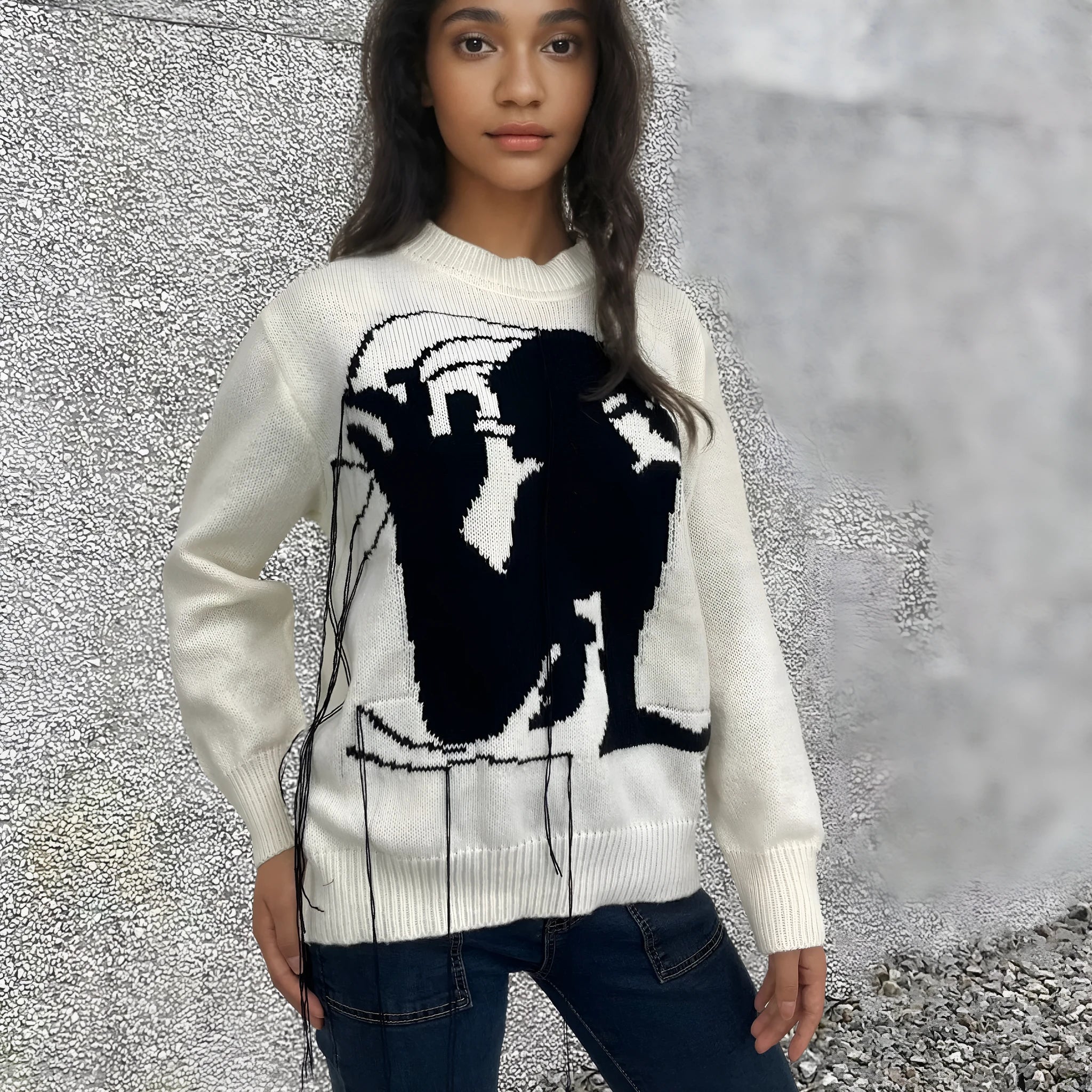 Women's grey alpaca wool sweater with abstract pattern and tassel design, loose fit street fashion style