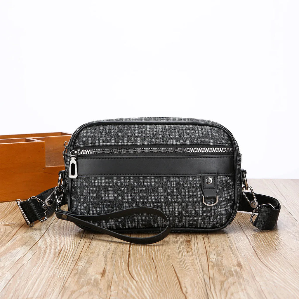 Men's geometric pattern shoulder messenger bag in black PU leather with large capacity design