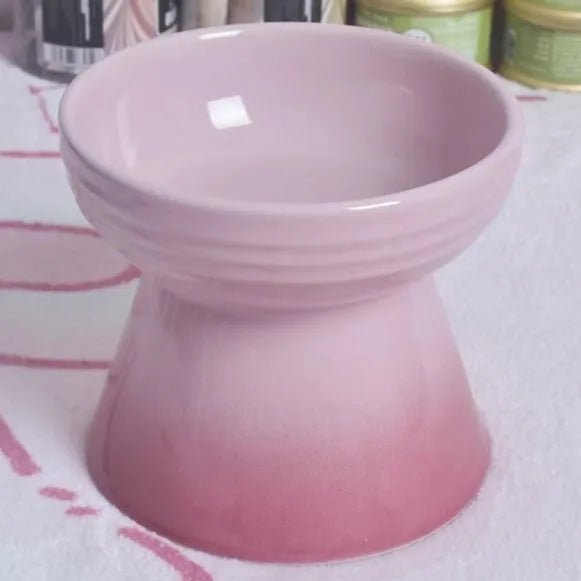 Ceramic pet bowl with high foot design showing anti-tumble stability feature