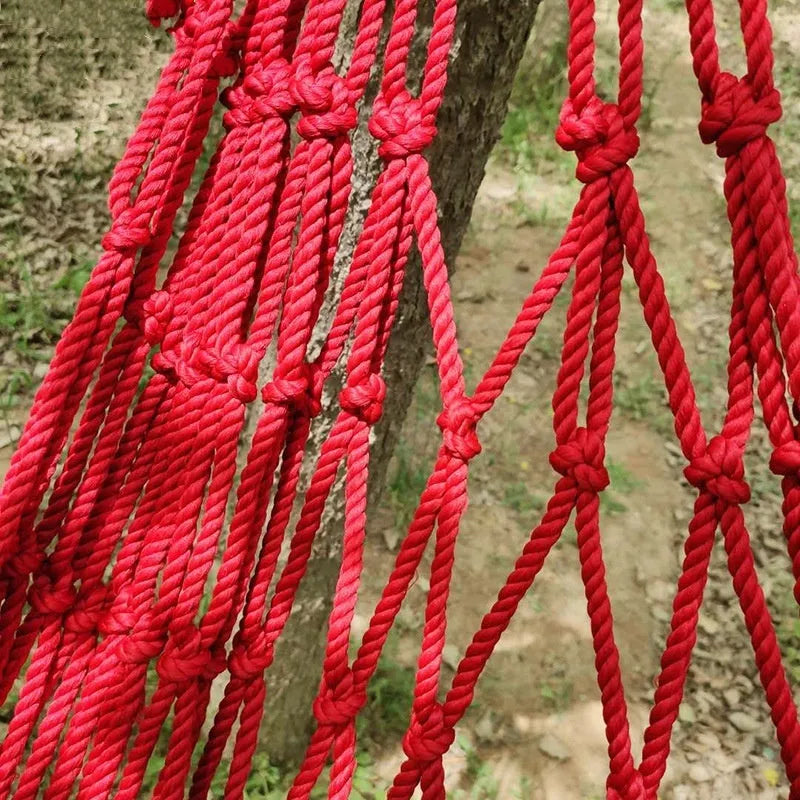 Nylon rope mesh hammock showing 1.1m width and 2.1m length dimensions for outdoor use