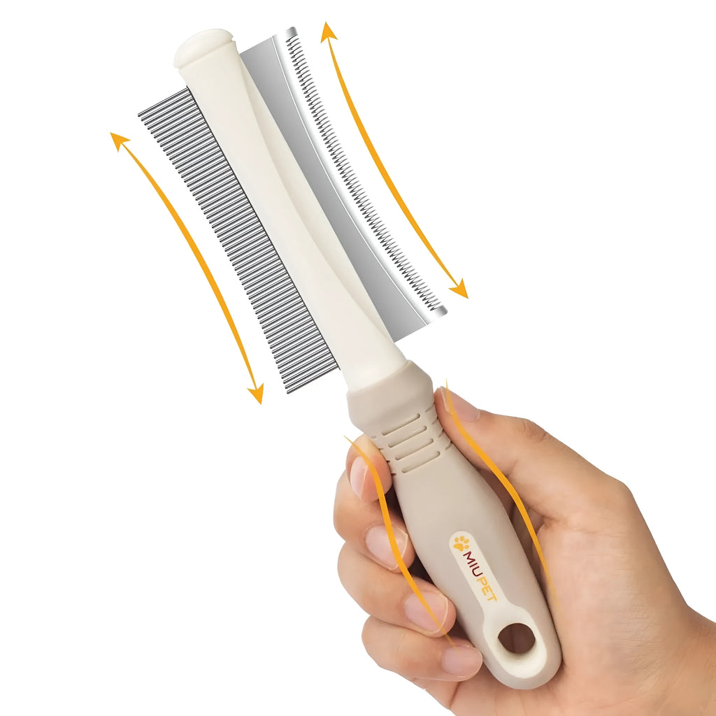 White double-sided dog cat deshedding brush with grooming comb and ergonomic handle.