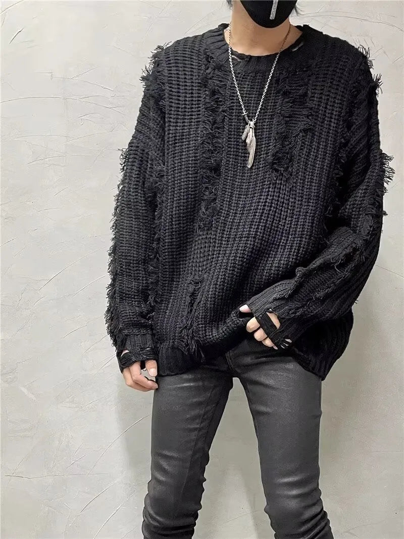 Niche retro tassel ripped design loose knit sweater pullover in black
