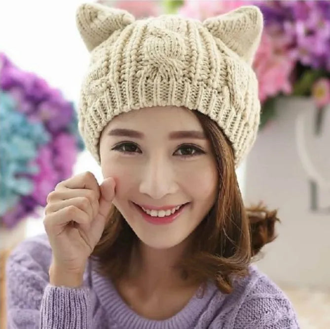 Handmade 3D knitted cat ear beanie in wool for winter wearing