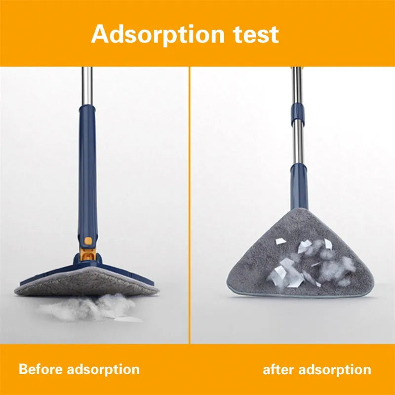 Blue extendable triangle mop with rotating head and microfibre cloth on a tiled floor.