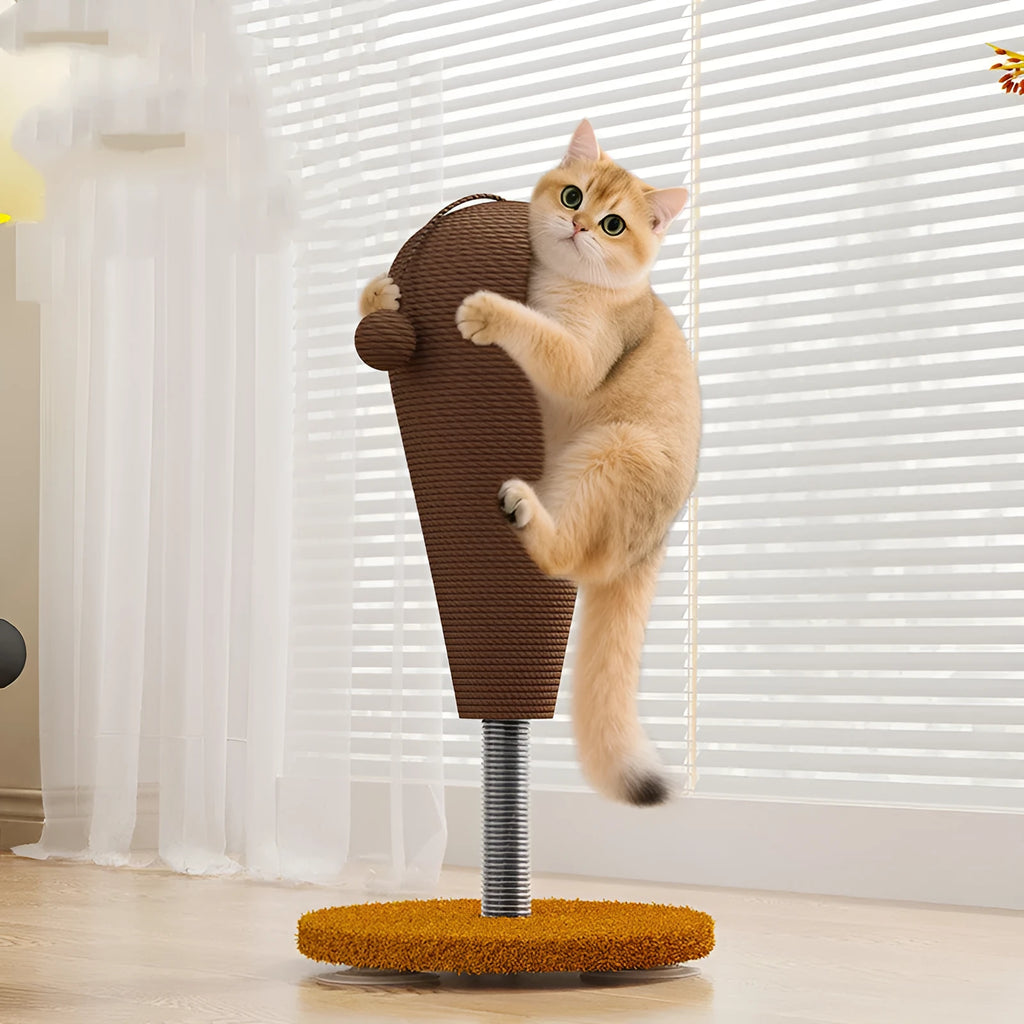 A large and small size cat scratching post toy made from hemp rope with a self-rolling tumbler design.