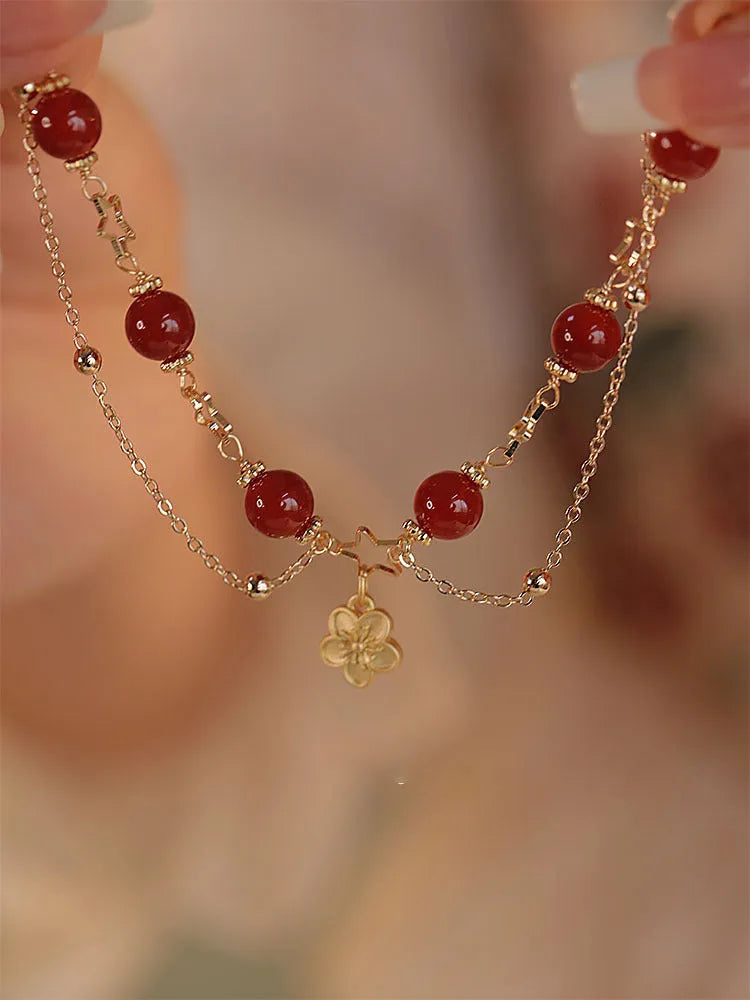Handmade red agate double layer bracelet with floral and peach blossom ethnic design for women