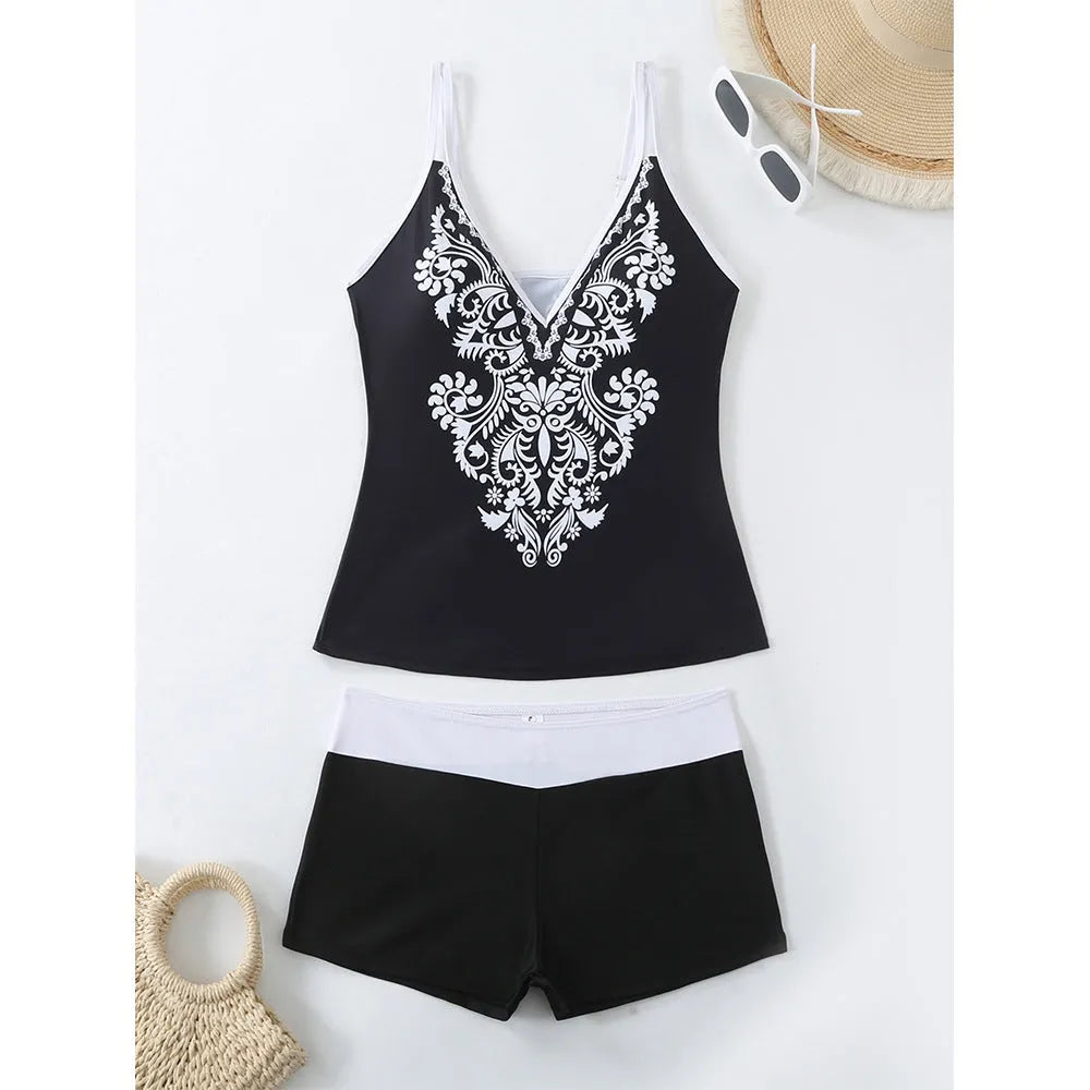 Women's plus size printed swimsuit and matching trunks set in black or rose red colour