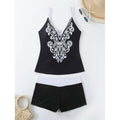 Women's plus size printed swimsuit and matching trunks set in black or rose red colour