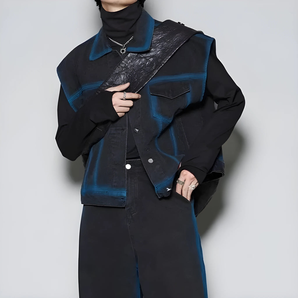 Distressed vest and jeans two-piece set with spray colour gradient design and fleece lining