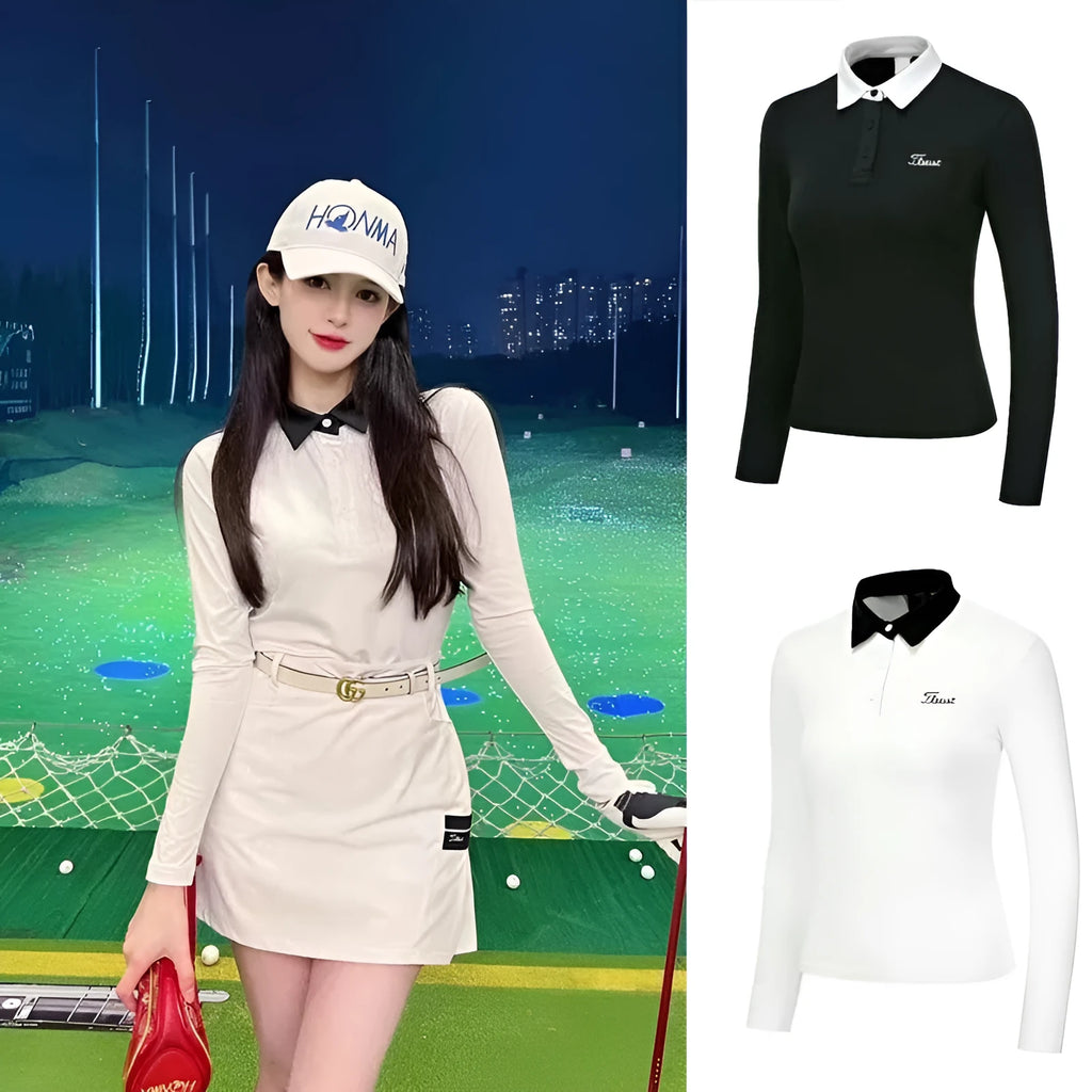 Women's white long sleeve golf top in slim-fit polyester sportswear