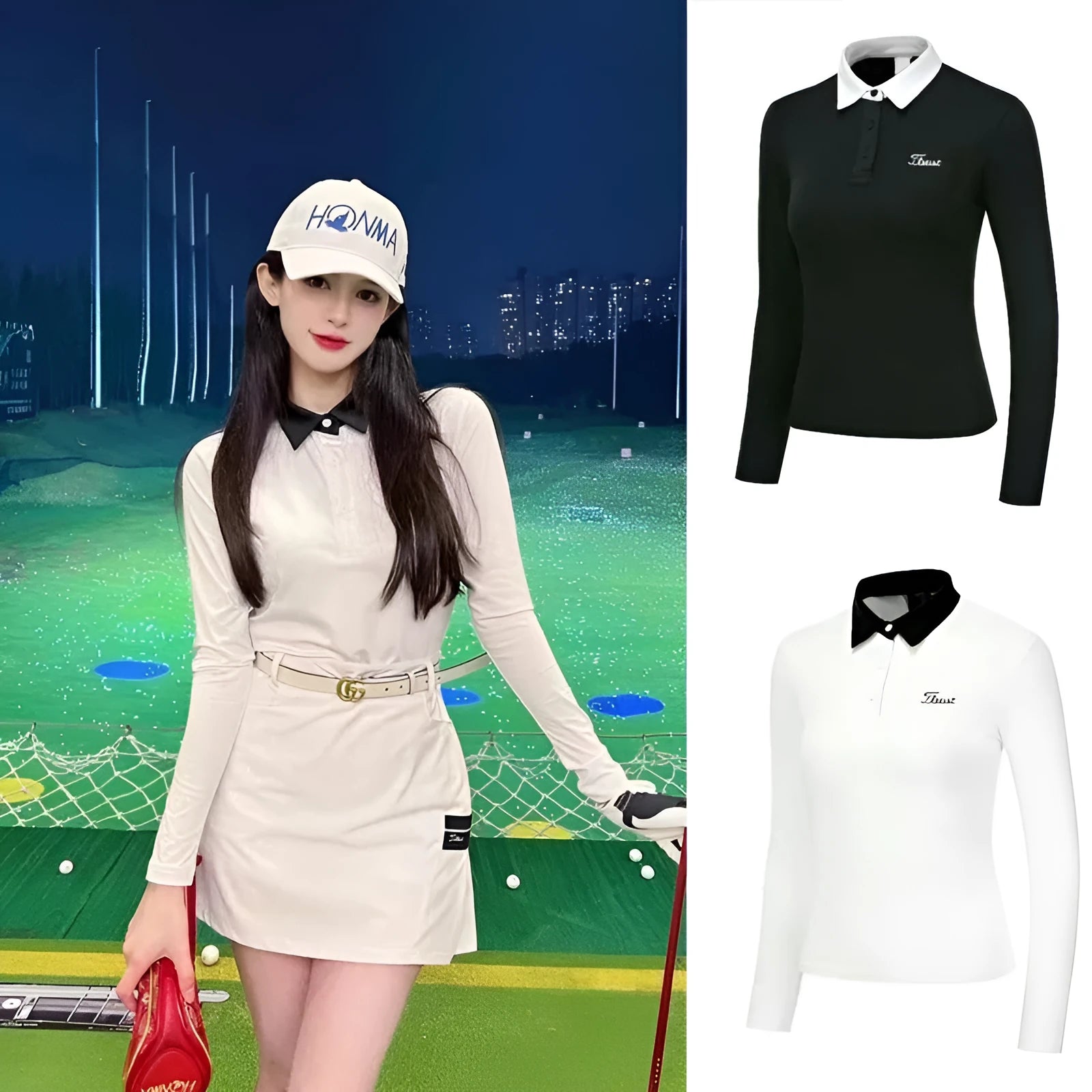 Women's white long sleeve golf top in slim-fit polyester sportswear