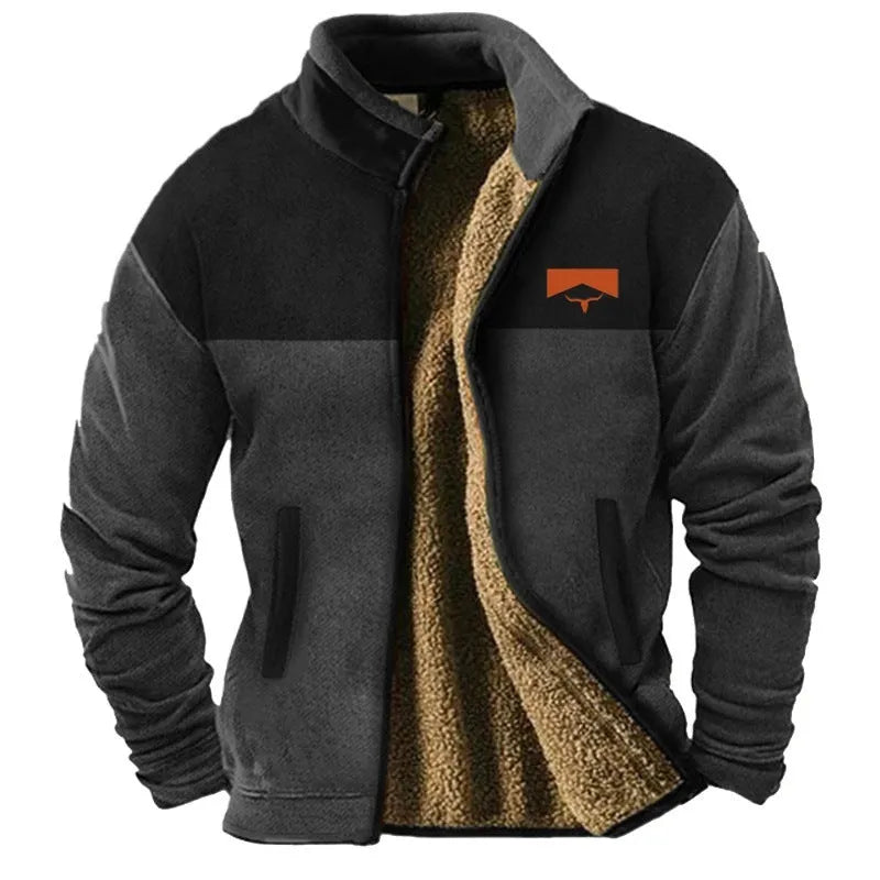 Men's padded fleece coat in polyester fibre available in sizes S to 5XL including blue, green and light brown colour options.