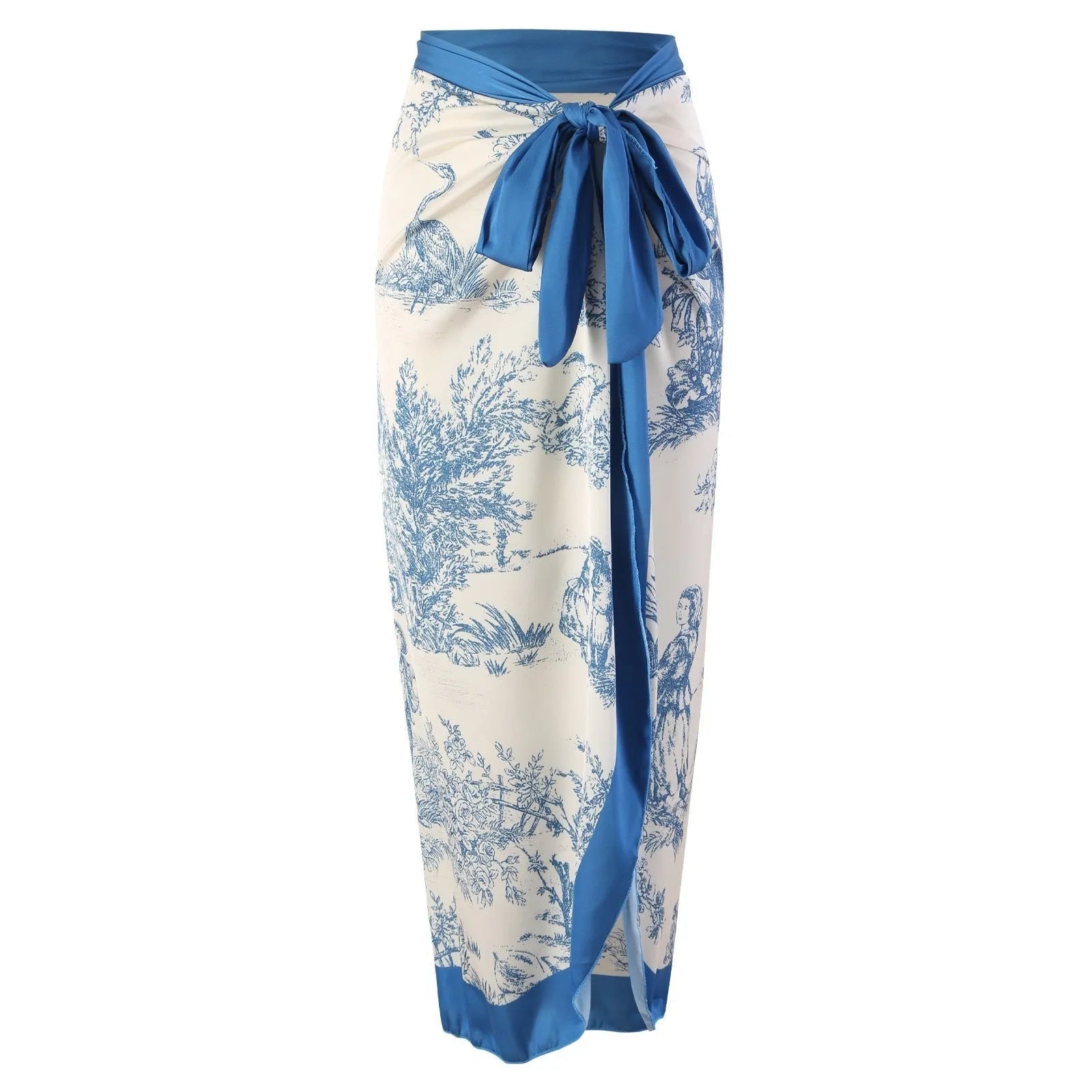 Blue patterned one-piece swimsuit for women with optional gauze skirt, shown on a model.