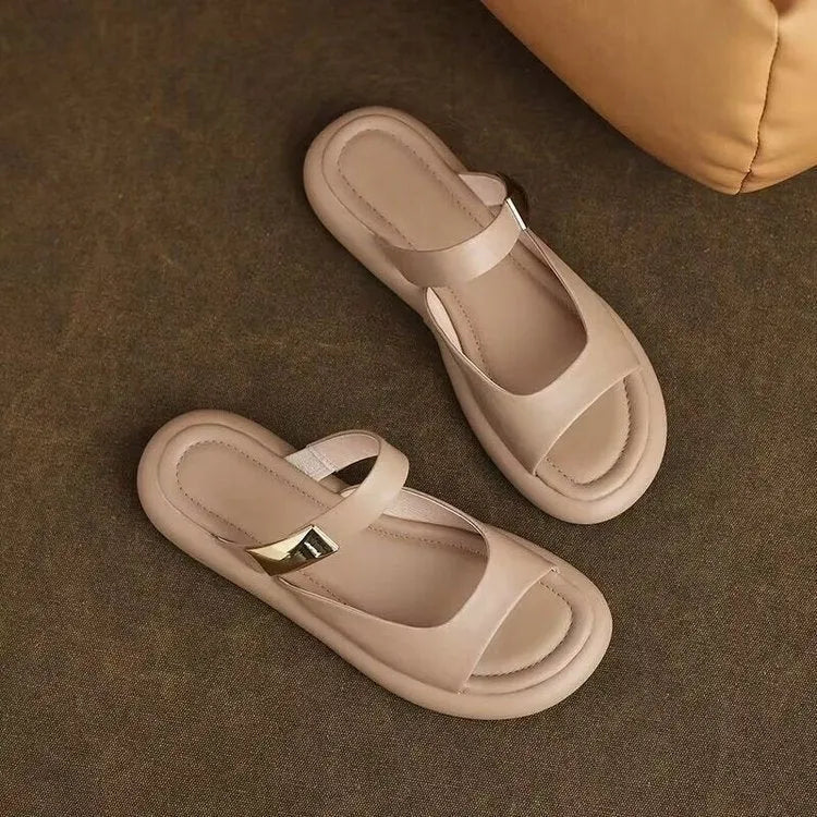 Apricot peep toe platform sandals with French leather upper and rubber sole