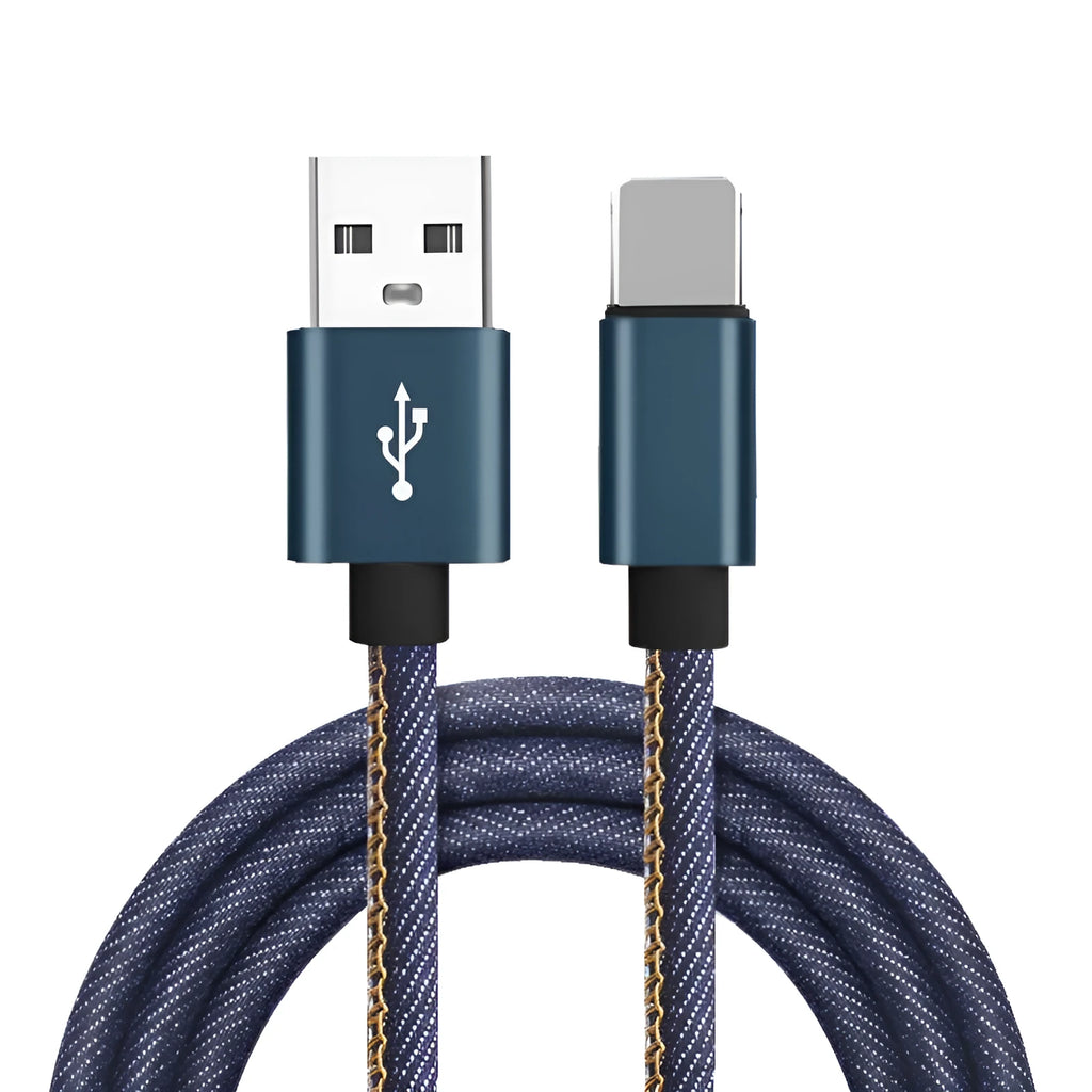 Cowboy-style denim USB Type-C charging cable with aluminium connectors in black, blue, and red colour options