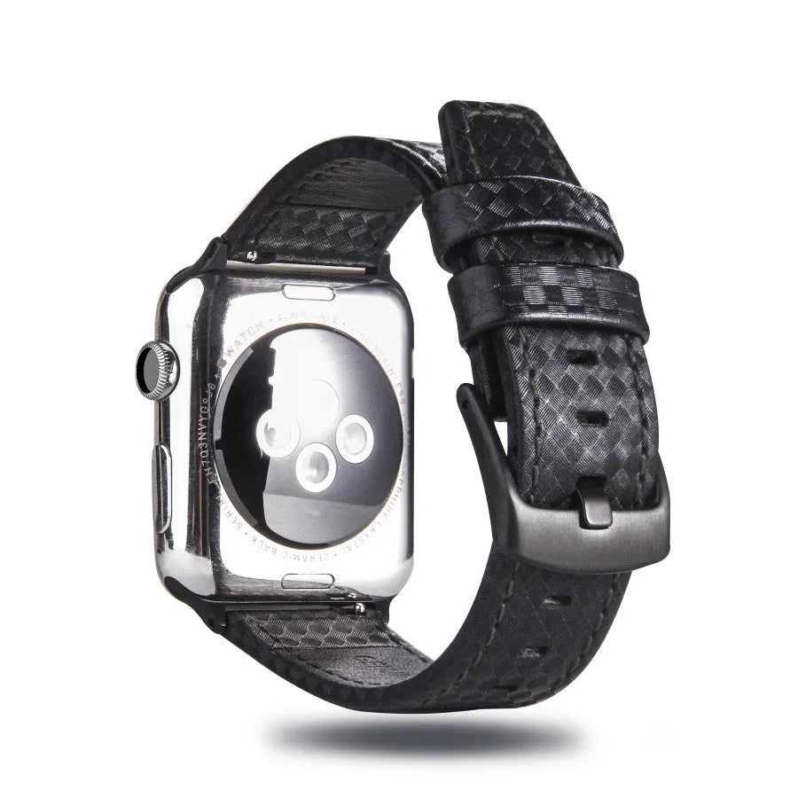 Leather Apple Watch band with carbon fibre pattern case in multiple colour options