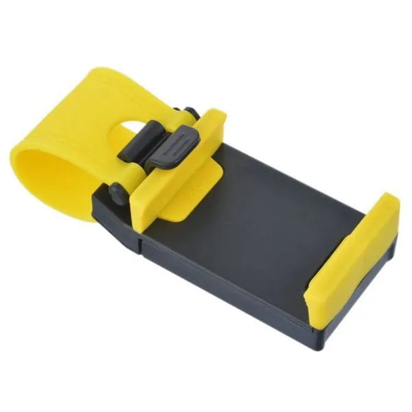 Universal black steering wheel phone mount holder clipped onto a car wheel