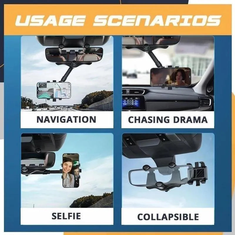 Black rearview mirror phone holder with 360 rotatable clamp and telescopic arm attached to car mirror