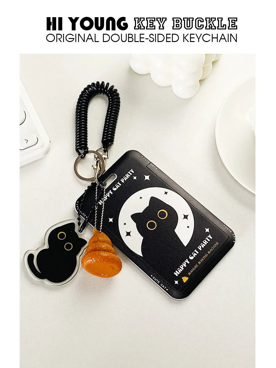 Cartoon black cat plastic card sleeve holder with ferrule pendant for bus and student cards