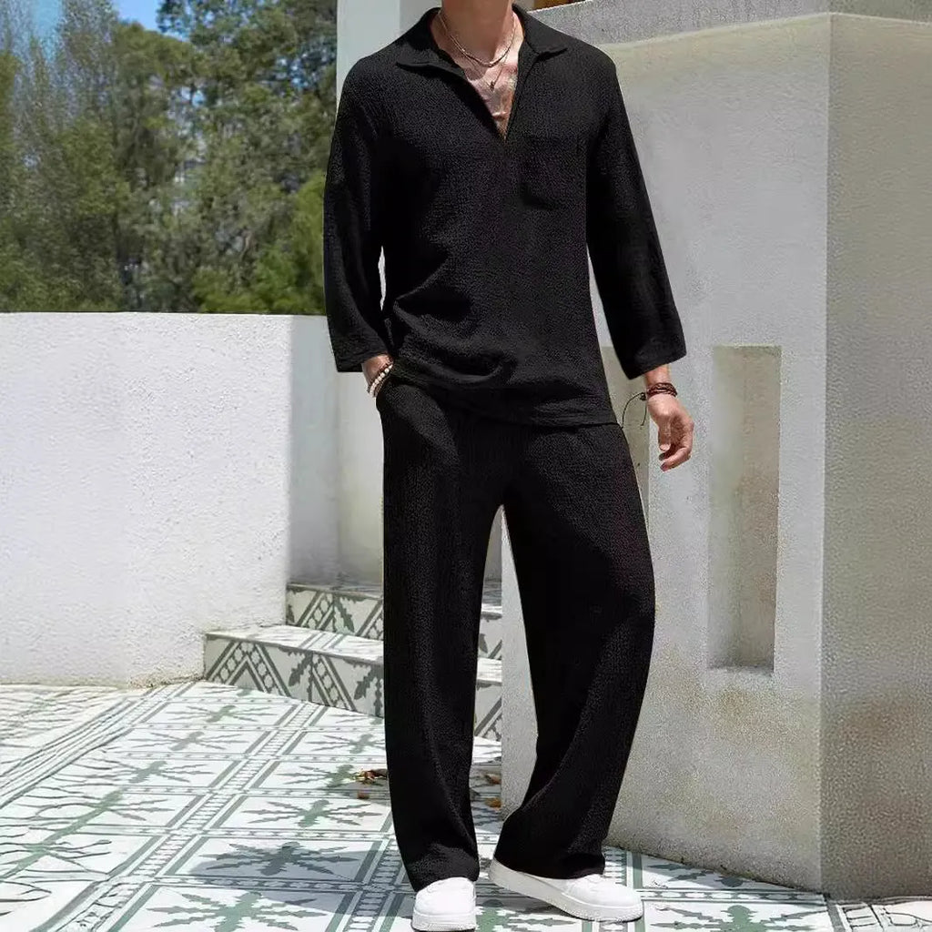 Men's casual shirt trousers suit in polyester fabric available in four colours
