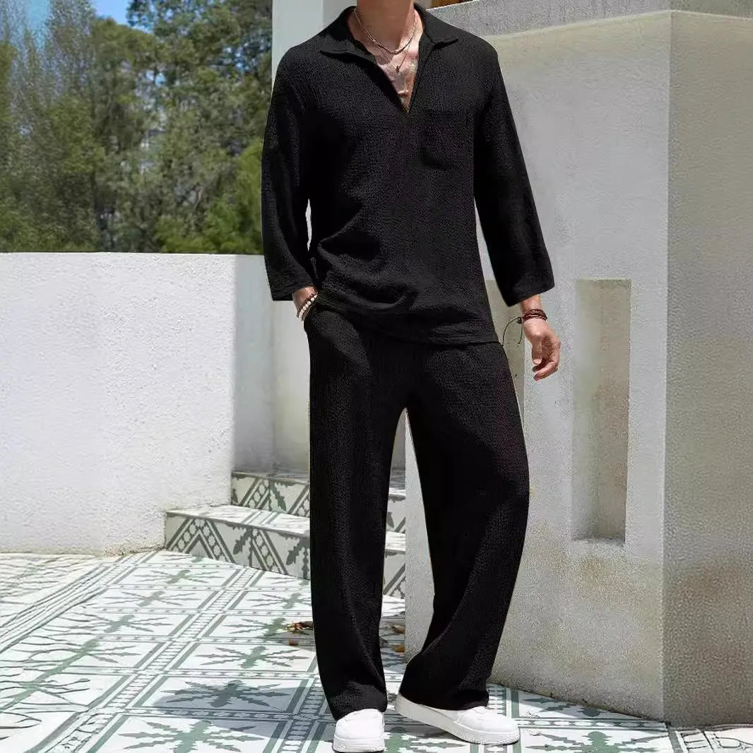 Men's casual shirt trousers suit in polyester fabric available in four colours