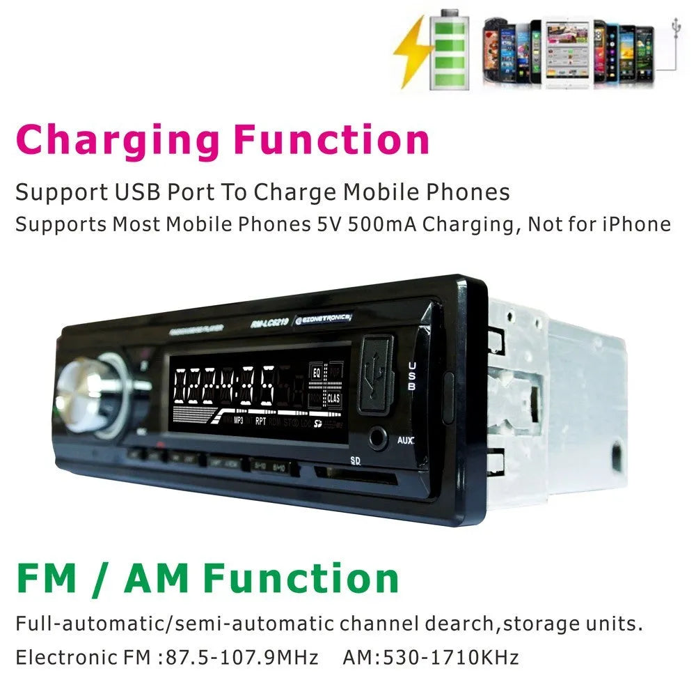 EZONETRONICS car Bluetooth FM stereo receiver with USB and SD slots, front panel with buttons and display