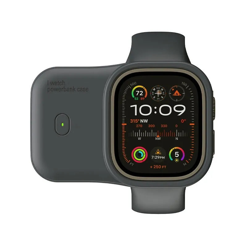 Apple Watch portable wireless charging case power bank in brown, midnight blue, and starlight colours