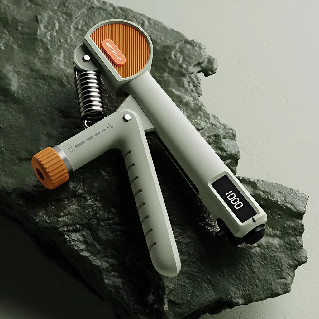 Adjustable hand grip exerciser in ABS plastic shown in various colours including ivory white and dark black.