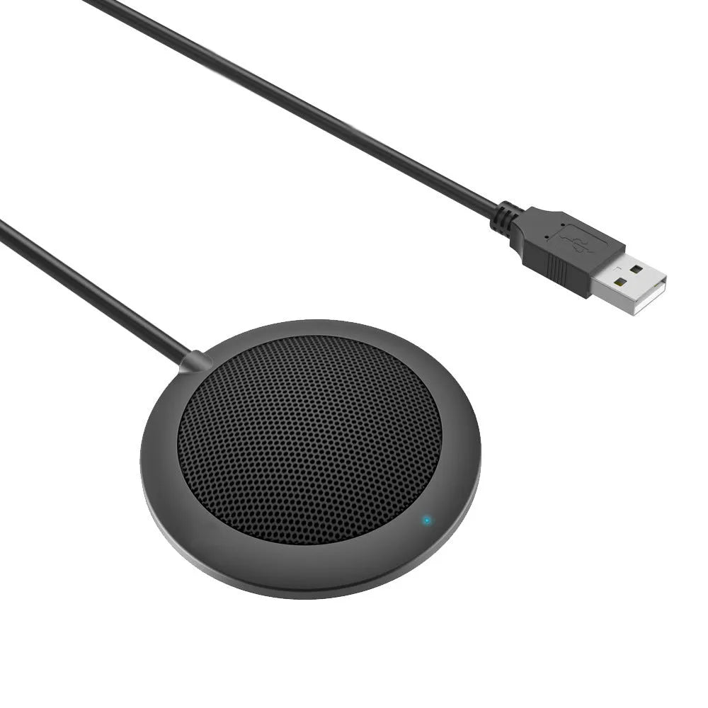 Black USB omnidirectional desktop microphone with metal mesh cover and 70mm diameter design