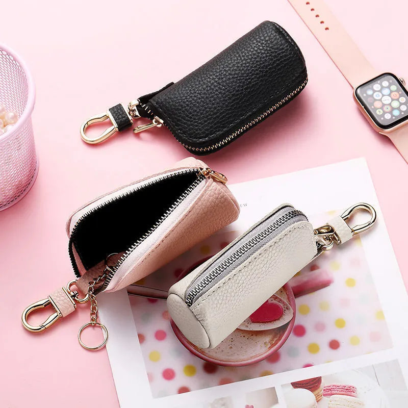 Men's black PU leather key case with silver zipper closure for car and house keys