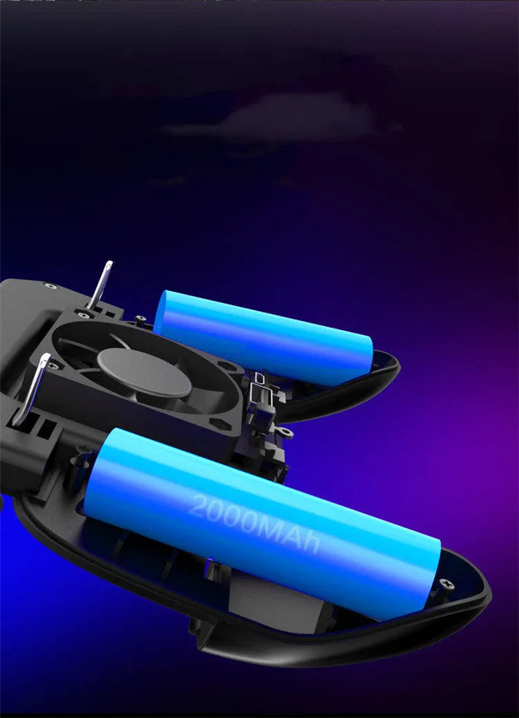 Black USB mobile game controller for smartphones on a grey background.