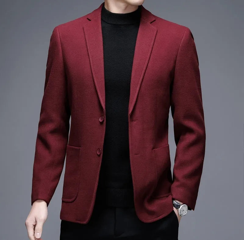 Men's solid colour loose fit woolen winter jacket in grey, shown on a model.