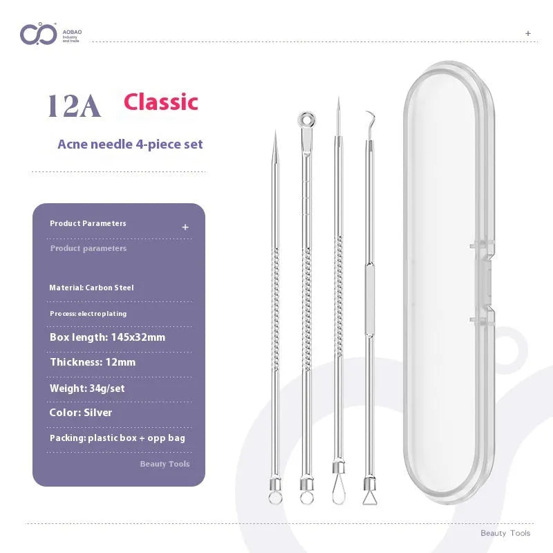 Four metal acne needles with ultra-fine pointed tips laid out in a set.