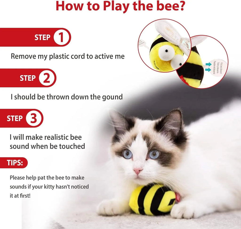 Yellow bee-shaped electronic cat toy with motion-activated squeaking functionality