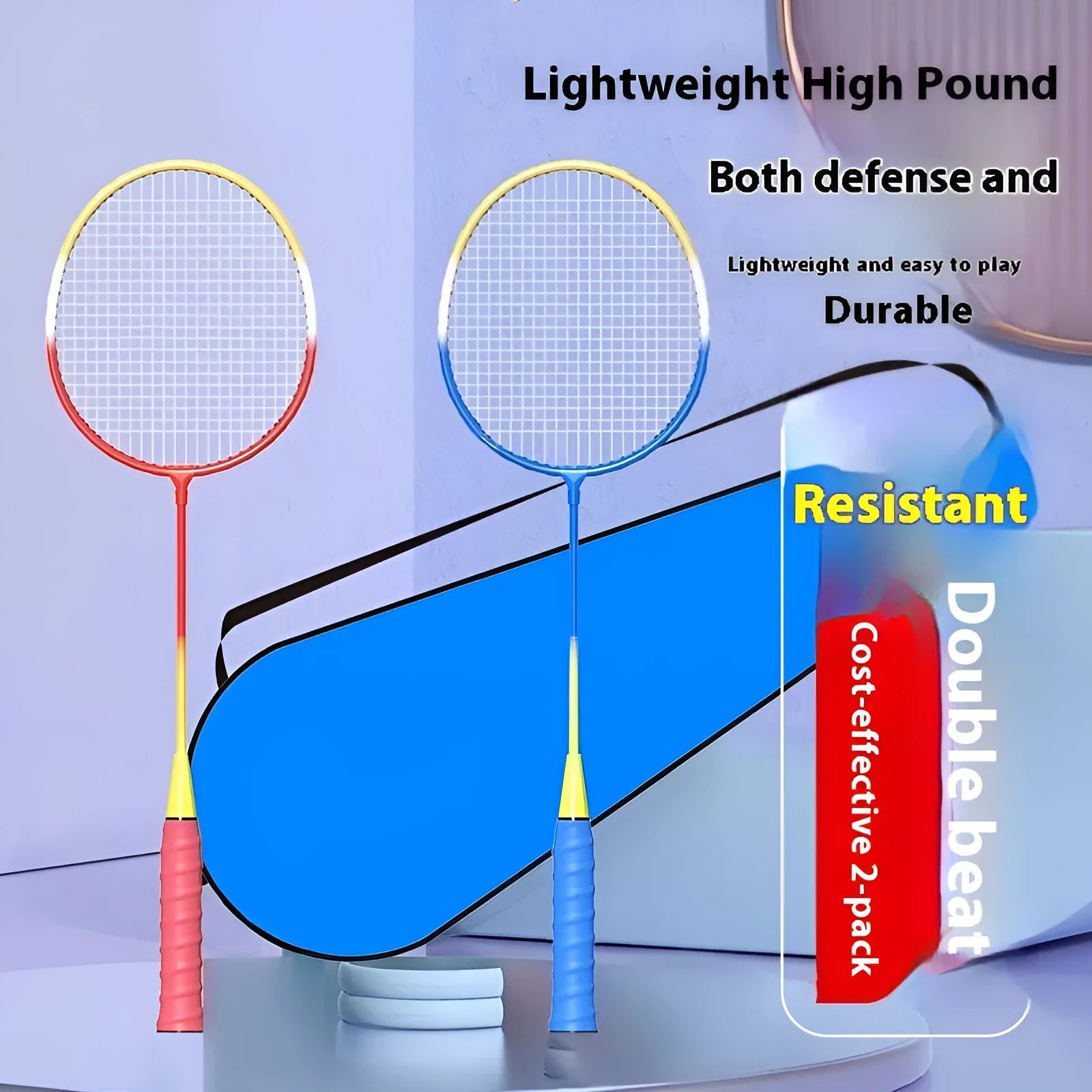 Ultra-light alloy badminton racket set showing blue and red rackets