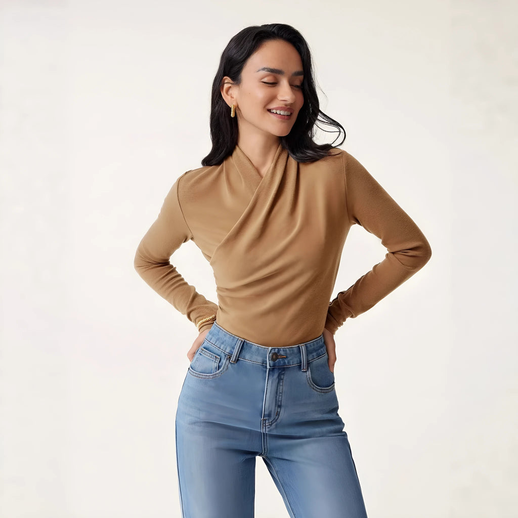 Camel coloured slim fit women's pullover sweater with long sleeves