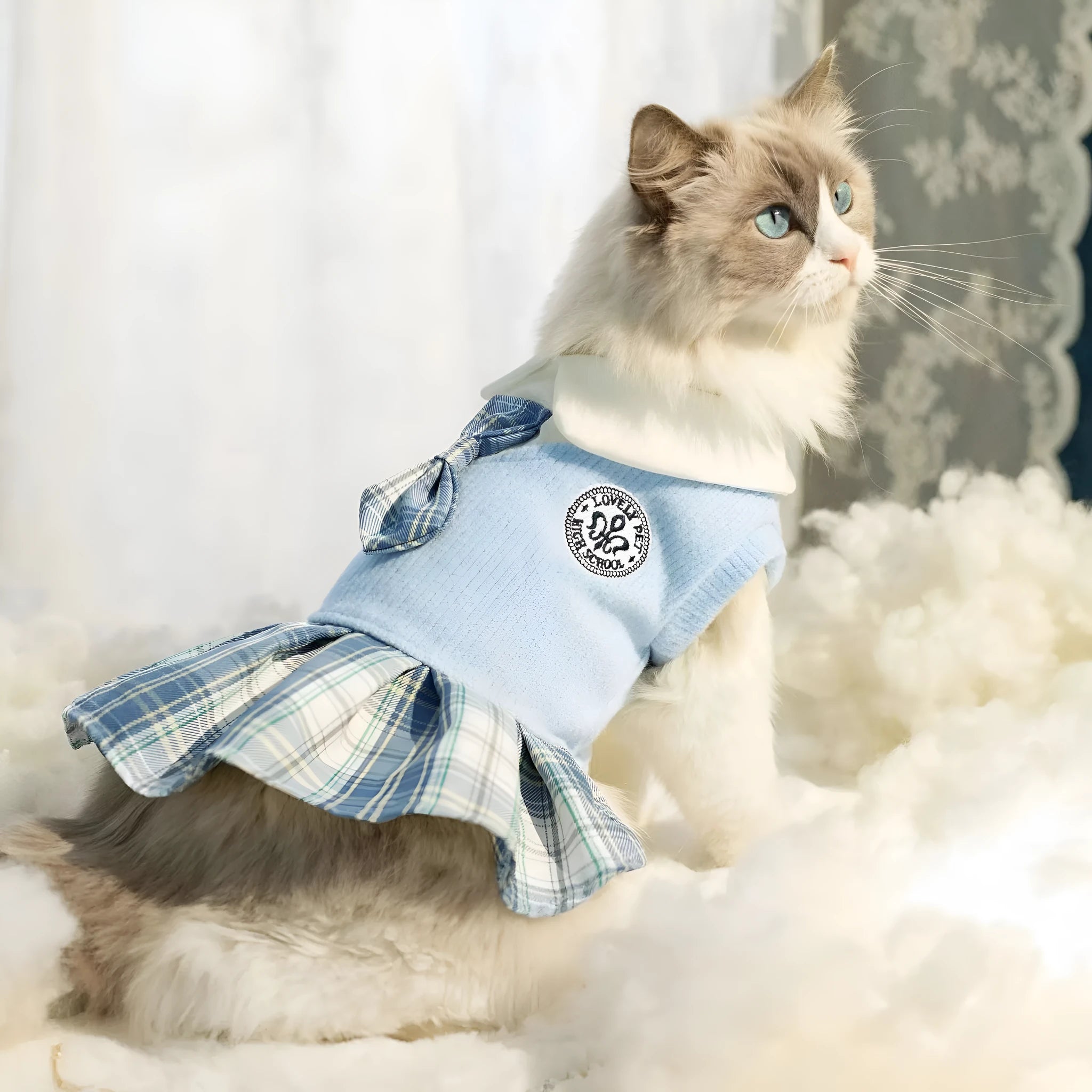 Blue tartan plaid skirt for a small dog standing on grass.