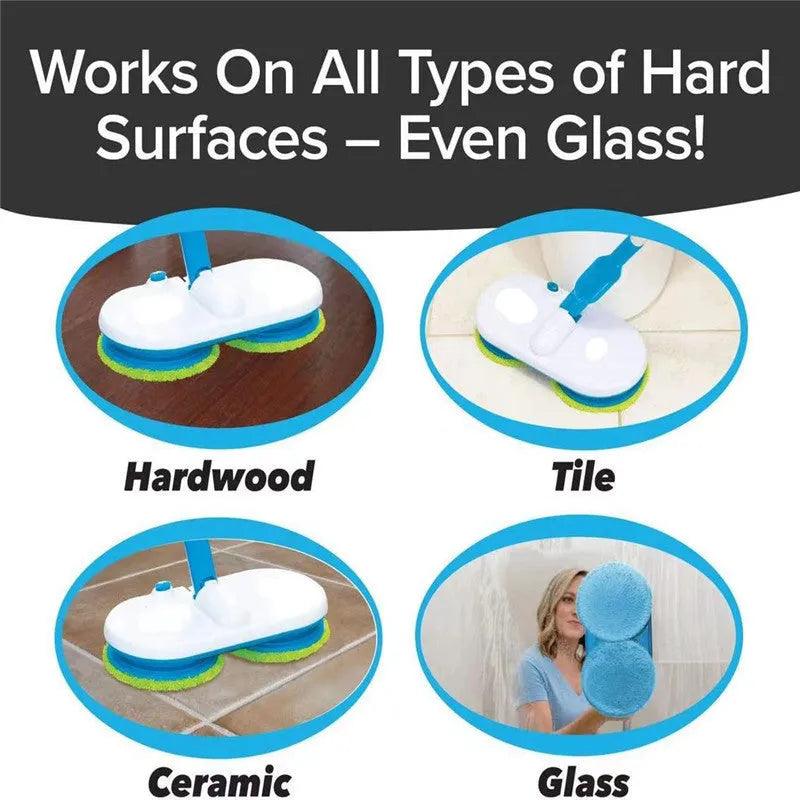 Household wireless electric floor mop with USB charging port and assorted microfiber, polishing, and scrubbing cloths.