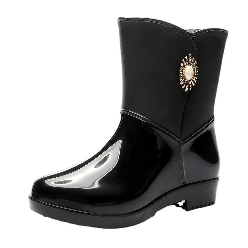 Women's PVC rain boots in beige colour with low tube design and non-slip soles