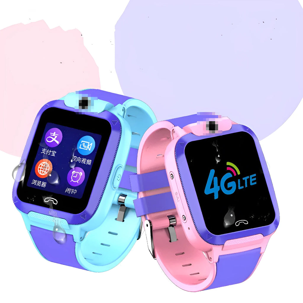 Blue children's GPS smartwatch with a 1.44-inch colour touch screen showing a video call interface.