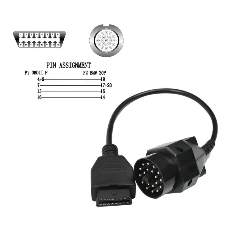 BMW OBD2 diagnostic connector cable showing 20-pin and 16-pin ends for vehicle scanner connection