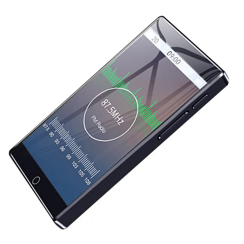 Black Ruizu H1 slim MP4 player with 4-inch touch screen display on a dark background