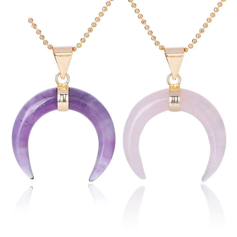 Natural stone moon pendant necklace on a 45cm copper chain, shown in pink or purple colour options.