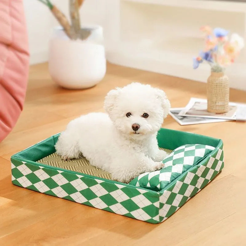 Blue rattan weave cat mat with non-slip base shown in size L, placed on a wooden floor.