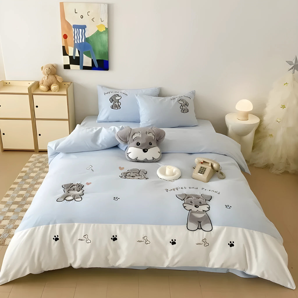Schnauzer cartoon pattern four-piece bedding set with embroidered details on thickened cotton fabric