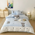 Schnauzer cartoon pattern four-piece bedding set with embroidered details on thickened cotton fabric