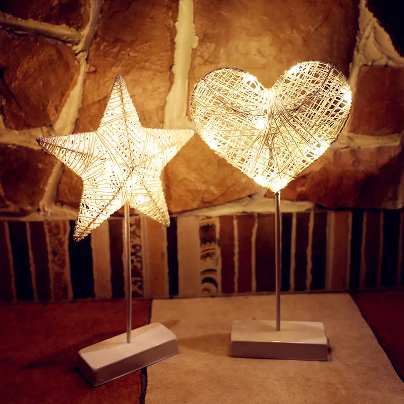 Battery-powered rattan and PC decorative LED lamp in heart, star, or moon shape.
